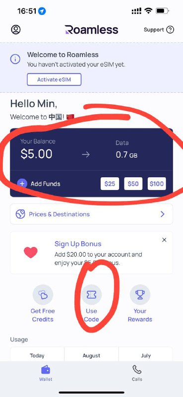手机下载Roamless 注册输入邀请码GRE24获得5美元加700M国际流量
