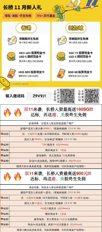 ❤️❤️双1⃣️1⃣️，奖励来袭，最高160SG！达标再送港美股终生免佣活动时间：11.1-11.30🎁福利1:11月，首次入金1800sg （约1w港币），即可拿港股、美股终生佣金免佣平时需要入金3400sg达标，有用户2个月就省5.7w港币交易佣金）🎁福利2:  11月单月净累积入金3400sg，再送72sg股票卡（约350rmb）+期权现金卡5美金；感兴趣的同学，可以直接私信我或者客户经理哈长桥新加坡链接-戳利民专属链接加码（复制浏览器打开）：